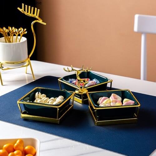 Northern Europe Ceramics Snacks Platter Green White Pink Elk Three Grid Snack Bowl Home Dried Fruit Plate Decorative Tableware