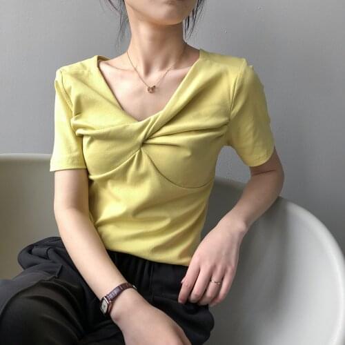 Women T-shirt Summer Clothes Short Sleeve Folds Slim Tops Korean Design Tee Sexy Female Slim Black Tops Short