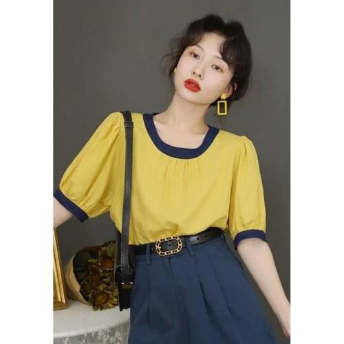 Vintage Yellow Patchwork Short Sleeve T-Shirt Puff Sleeve Elegant Blouses Indie Womens Clothing Summer 2021 Loose Sweetshirts