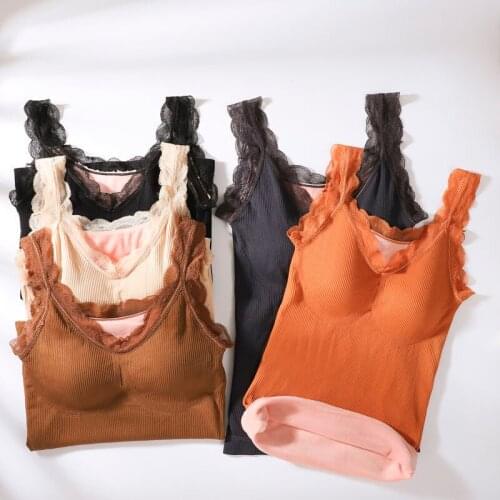 Women Winter Tank Top Sleeveless Lace Plus Velvet Warm Padded Camisole Femme Woman Autumn Basic Tanks Plus Size Elastic Dropship