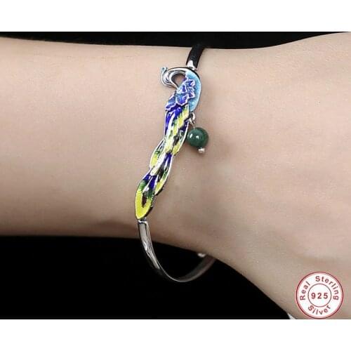 Blue Enamel Peacock 925 Sterling Silver colour Green Malachite Bangle Cuff Bracelet Women With Natural Malachite Stone Fashion