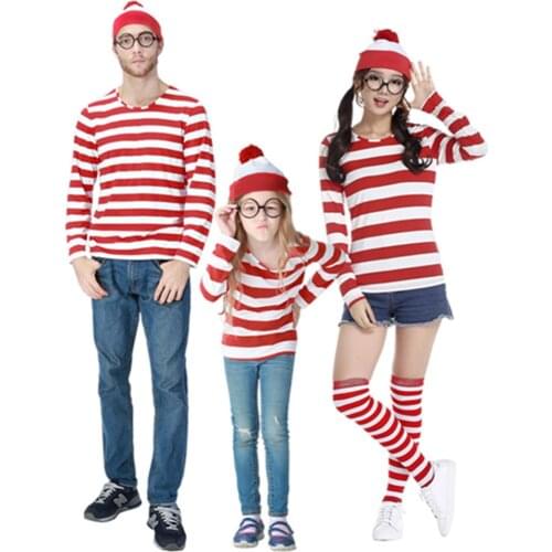 S-XXL Parent-Child Cartoon Where is Wally Waldo Costume Waldo Book Week Cosplay Outfit Stripe Shirt Hat Glasses Kit