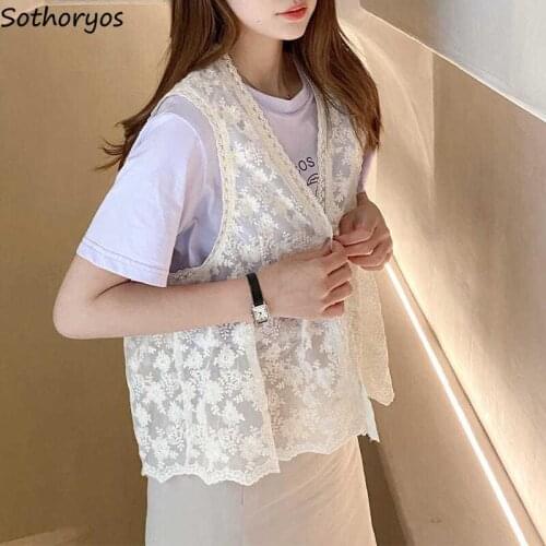 Lace Vests Women Vintage Sweet Loose Simple V-neck Single Button All-match Korean Style Waistcoats Retro Ulzzang Female Summer