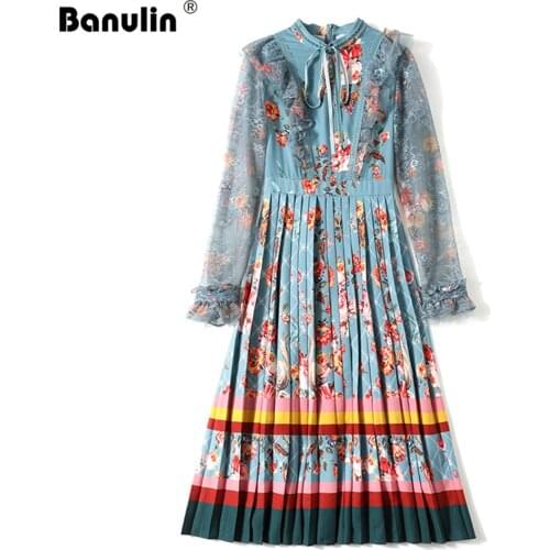 Fashion Autumn Runway Midi Dress Women Long Sleeve Lace Patchwork Gorgeous Floral Print Vintage Female Pleated Dress 2020