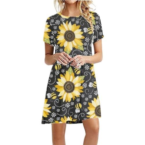 40# Sunflower Printing A-line Dress Woman Loose O Neck Short Sleeve Summer Dress Bohemia Hight Waist Dresses For Women 2021
