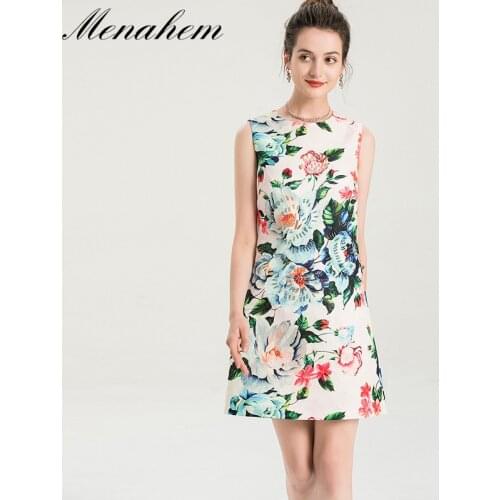 Menahem Floral Jacquard Runway Dress Womens Sleeveless O Neck Tank Beading Flower Print Runway Loose A-Line Party Vestidos