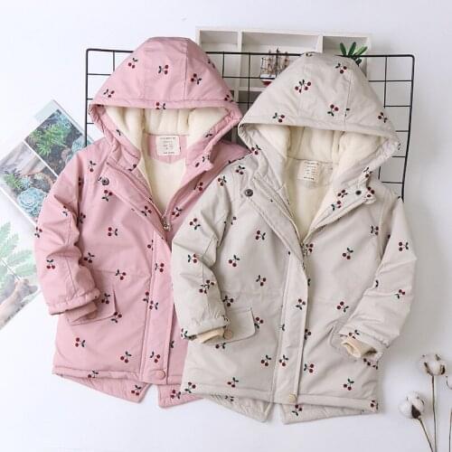 2021 girls winter print plus velvet thick hooded cotton-padded jacket, childrens fashion new cotton spinning European and Ameri