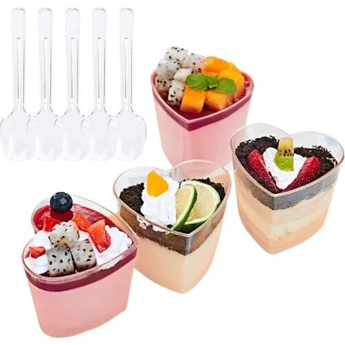 50pcs Dessert Cup with Spoons Clear Plastic Mousse Pudding Appetizer Cups Heart-shape Disposable Parfait Serving Bowls Party Dec