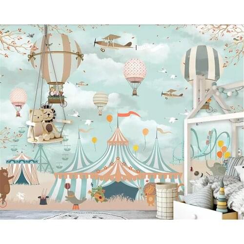 Beibehang Large 3d wallpaper cartoon hot air balloon airplane animal puppy circus playground background wall 3d wallpaper mural
