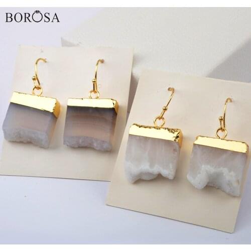 BOROSA Gold Natural Agates Druzy Dangle Earrings for Women Square Raw Geode Slice Drop Earring Jewelry Girls Gifts G1966-E