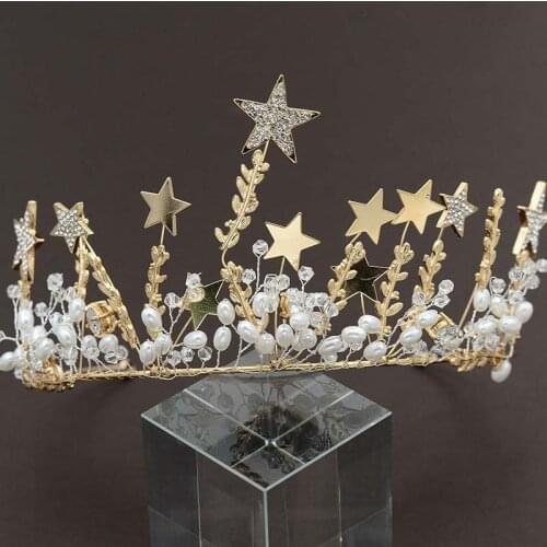 Trendy Gold Color Pentagram Bride Crown Jewelry Rhinestone Stars Crown Tiaras For Bride Princess Wedding Hair Jewelry BN