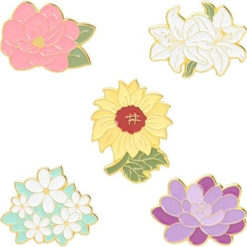 Cartoon Sunflower Lily Lotus Plants Brooches Flower World Enamel Pins Bag Lapel Badge Fashion Jewelry Gift for Friends Kids