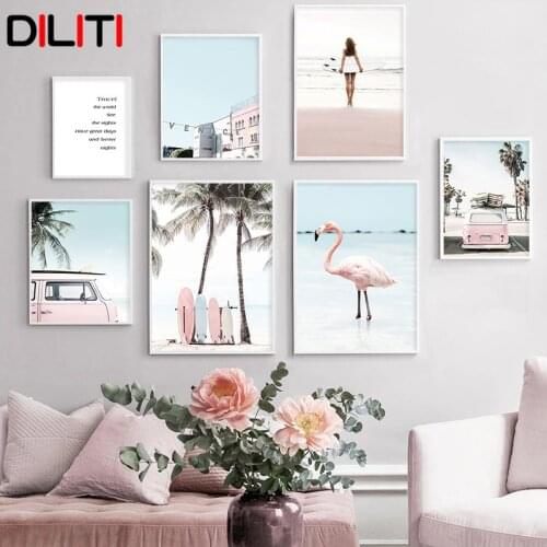 Pink Traval Van Flamingo Wall Art Beach Surf Girl Surfboard Print Poster Palm Leaf Turtle Canvas Painting Pictures Home Decor