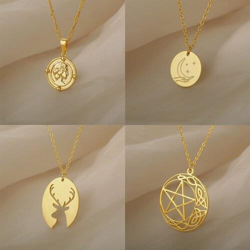 Stainless Steel Gold Portrait Necklaces For Women Mountain Landscape Deer Necklace Hollow Stars Moon Pendant Choker Jewelry