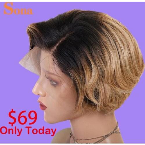 #1B 27 Highlight Bob Lace Front Wigs 13X4 Short Lace Frontal Wig Ombre Honey Blonde Colored Human Hair Wavy Wig For Women