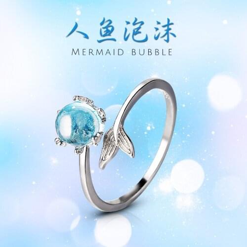 Silver Color Fishtail Blue Gem Crystal Mermaid Bubble Open Rings For Women Creative Fashion Party Birthday Gift Jewelry Anillo