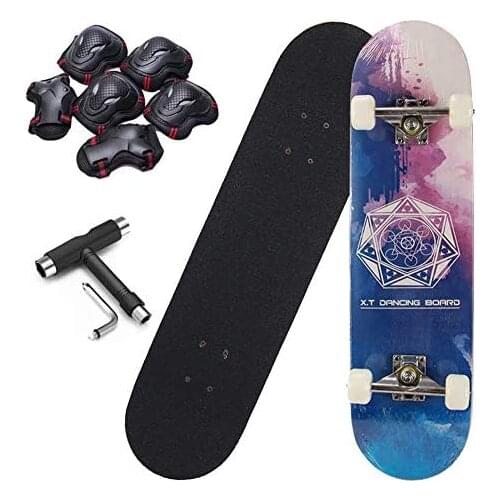 Skateboard 31"X8", 7-Layer Imported Maple Skateboard Double Rocker Type ABEC-7 Bearings,with Protective Gear and T Tools