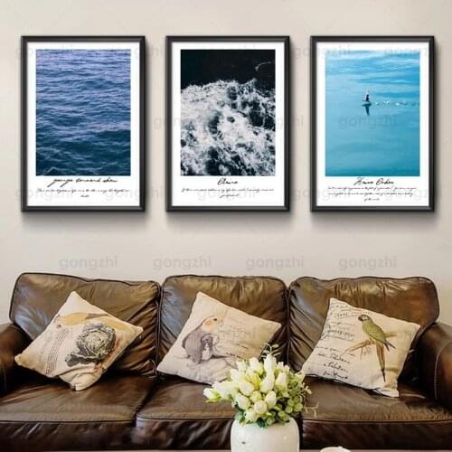 Modern Seascape Canvas Painting Dark Blue Ocean Waves English Famous Sayings Living Room Cafe Hotel Wall Deco Printing Hd Poster