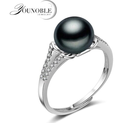 Wedding black pearl rings for women,real 925 sterling silver jewelry girls best gift adjustable natural freshwater pearl ring