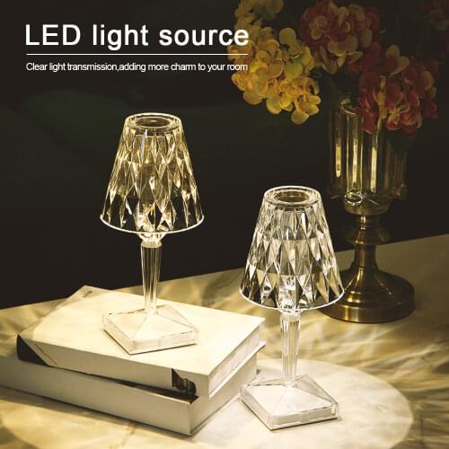 LED 3 Color Diamond Crystal Table Lamp Bedroom Bedside Crystal Table Light Touch Night Light Lantern USB Rechargeable