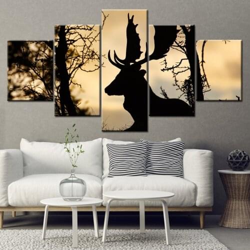 Dark black Fallow Deer in sunset forest 5 Piece Wallpapers Art Canvas Print modern Poster Modular art painting Home Decor