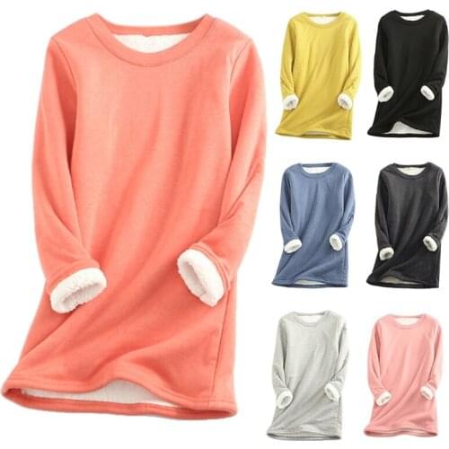 Women Winter Long Sleeve O-Neck Sweatshirt Faux Fleece Lined Thermal Pullover Tunic Tops Solid Color Loose Basic Blouse