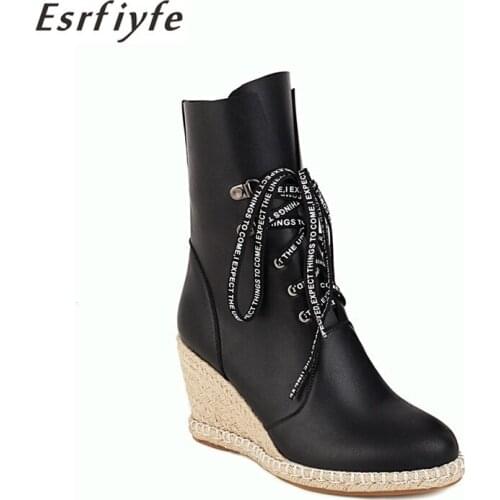 ESRFIYFE 2020 New Winter Women Ankle Boots Platform Weaving Wedge Heels Booties Female Autumn Shoes Woman Chaussure Femme