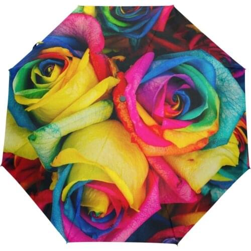 Rainbow Tinted Roses Flower Automatic Three Folding Women Umbrella Romantic Strong Wind Creative Retro Pattern Umbrella