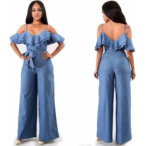 Jumpsuits for Women 2020 Sexy Spring Off Shoulder Ruffles Romper Backless Womens Summer Overalls Blue Denim Jumpsuit YQ097