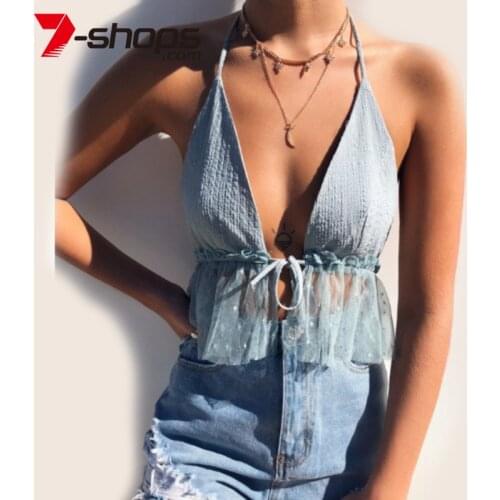 AECU Summer Crop Top Women Sexy Camis Deep V-neck Solid Hanging Neck Backless Camis Blue Mesh Casual Lace Chiffon Tank Tops