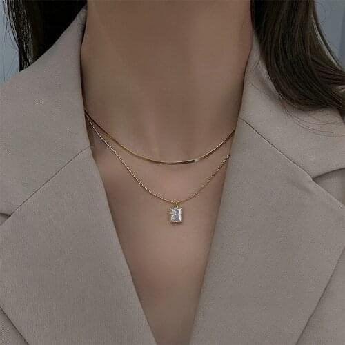 2021 New Square Zircon Pendant Necklace For Women Double layer Chain Gold Choker Necklace Simple Fashion Jewelry Collar