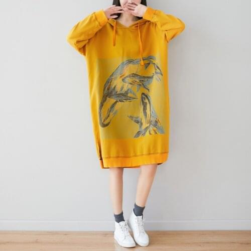 Women Print Dress Autumn Winter Women Loose Hooded Dress Ladies New Hooded Print pocket Retro Casual Dress