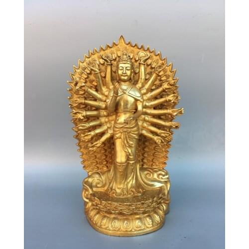 12"Tibet Buddhism Old Bronze Gilt 1000 arm Guanyin Bodhisattva Statue Standing Buddha Avalokitesvara Enshrine the Buddha