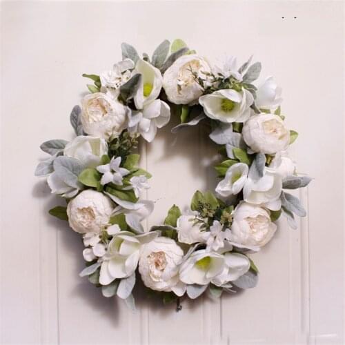 18 Inch Door Wreath Peony Magnolia Flowers Green Leaves Wreaths Front Door Artificial Wreath Christmas Home Wedding Decoration