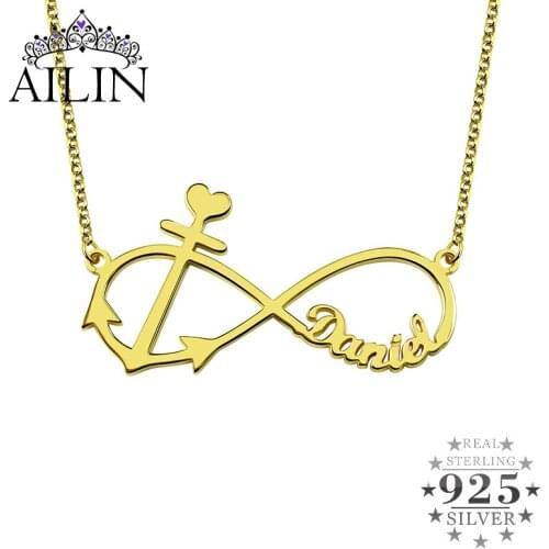 AILIN Custom Infinity Name Necklace Women 18K Gold Plated 925 Sterling Silver Anchor Shape Personalized Pendant Jewelry Gifts