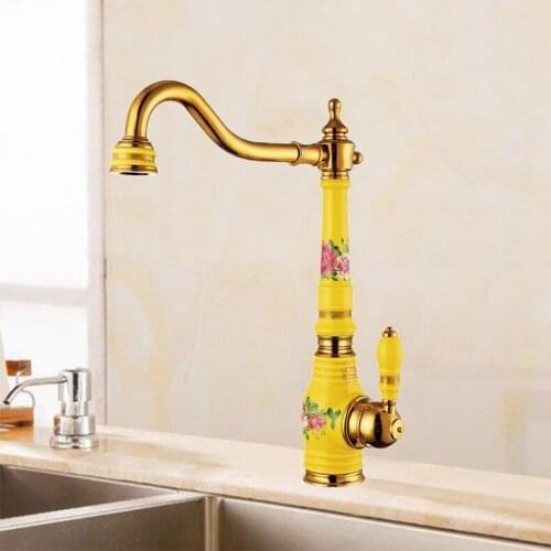 Free Shipping Brass Torneira Cozinha with porcelain Kitchen Faucet/Single Handle Gold Finish Basin Sink Faucet Mixers Taps