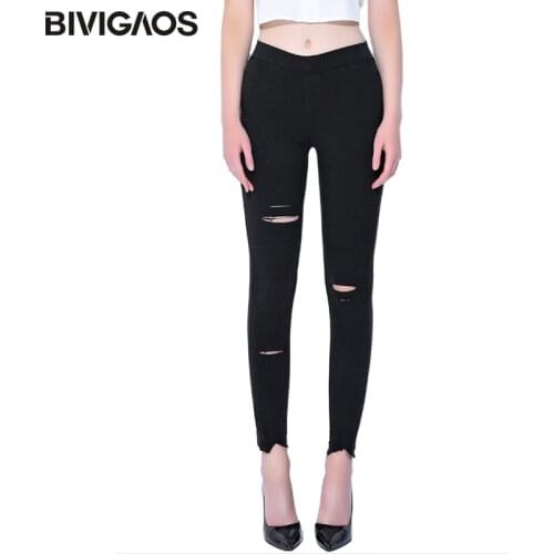 BIVIGAOS Spring Fall Women Sand Wash Ripped Jeans Leggings Plus Size Jeans Pocket Knee Holes Jeggings Skinny Slim Pencil Pants