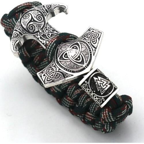 Viking Bracelets Thor Mjolnir Hammer Paracord Amulet Rune Knot Scandinavian Men Viking Odin Raven Bangles Jewelry Gif