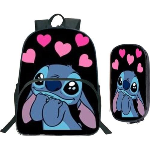 Disney Stitch Print Children Backpack Cartoon Bookbag Kids Schoolbag Start School Gift(2pcs Set/Rucksack Pen Bag)