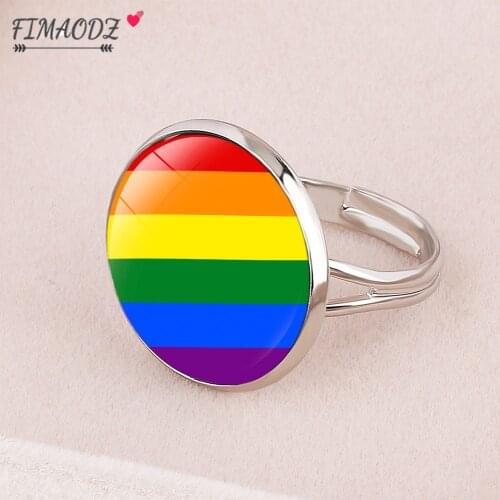 FIMAODZ Gay Pride Rainbow Ring Adjustable LGBT Glass Cabochon Pattern Multicolor Rings Party Wedding Jewelry Valentines Day Gift