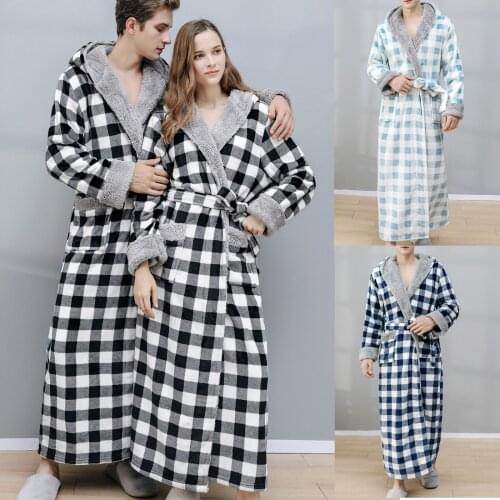 Couple Casual Bathrobe 2021 Autumn Winter Checked Hooded Bathrobe Towel Soft Gown Midi Robe Nightgown Male Loose Home Wear