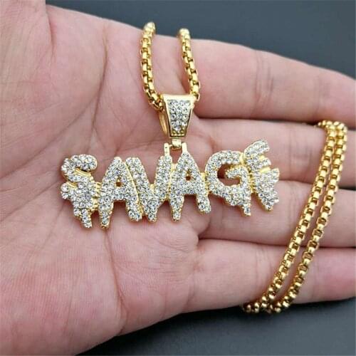 Hip Hop Necklace Stainless Steel Gold Color Iced Out Chains Micro Pave Cubic Zircon SAVAGE Pendant Necklace Charm For Men Gifts