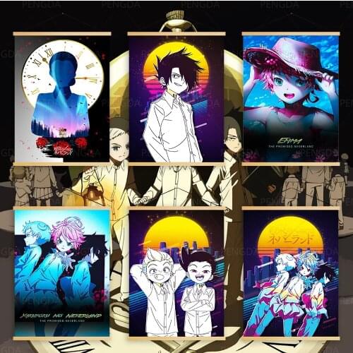 Canvas Home Decoration Anime Poster Print Pictures Wall Art Wooden Scroll Hang Paint The Promised Neverland Bedside Background