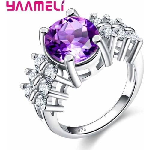 925 Sterling Silver Elegant Fashion Purple Round Crystal Stone Ring Engagement Wedding Bridal Ornament For Thanksgiving
