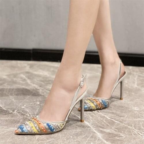 Summer new style crystal stiletto pointed bridesmaid wedding shoes rhinestone banquet dress small size wild female sandals