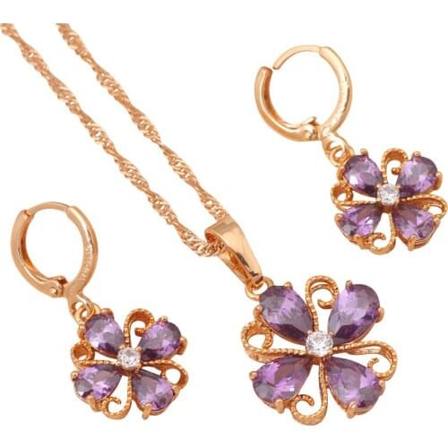 The best wedding items Elegant Jewelry Sets Earrings Necklace gold tone Purple Zircon Crystal Fashion Jewelry JS363A