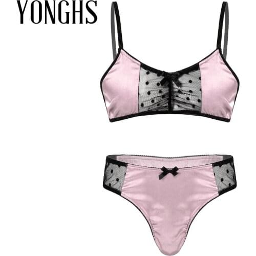 Mens Lingerie Sissy for Crossdressing Satin Sexy Nightwear Sheer Mesh Patchwork Spaghetti Strap Bra Tops with Thongs Briefs