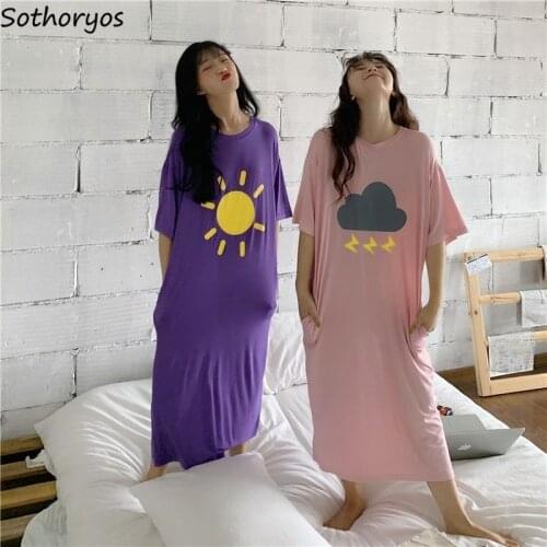 Nightgowns Women Printed Pocket Candy Color Cartoon Cute Large Size 3XL Long Loose Soft Sleepwear Girls Korean Style Breathable
