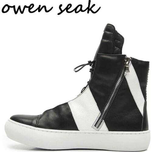 2018 New Owen Seak Men Casual Shoes High-TOP Ankle Boots Genuine Leather Sneaker Luxury Trainers Lace-up Winter Flat Black Shoes