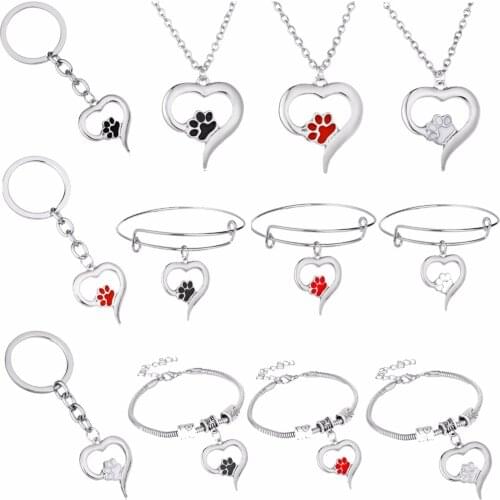 Lovely Pet Paw Claw Footprint Love Heart Charms Necklace Dog Cat Animals Lovers Bracelet Bangle Women Men Keychain Jewelry Gifts